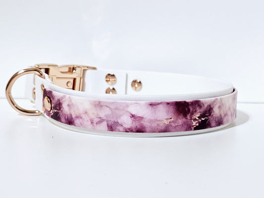 Halsband 25mm breit UV-Druck 2lagig | violett marmor - weiss / rose gold