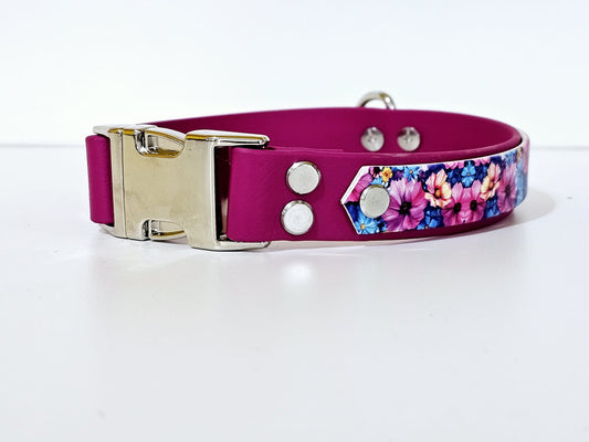 Halsband 25mm breit UV-Druck 2lagig | flower - magenta / silber
