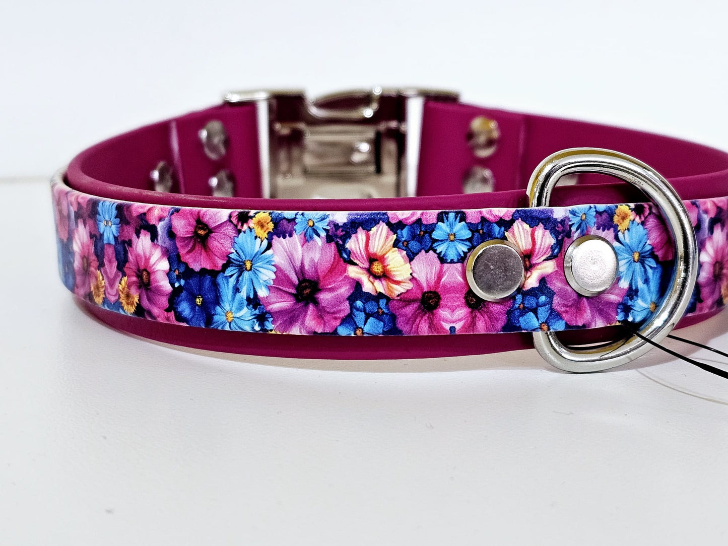 Halsband 25mm breit UV-Druck 2lagig | flower - magenta / silber