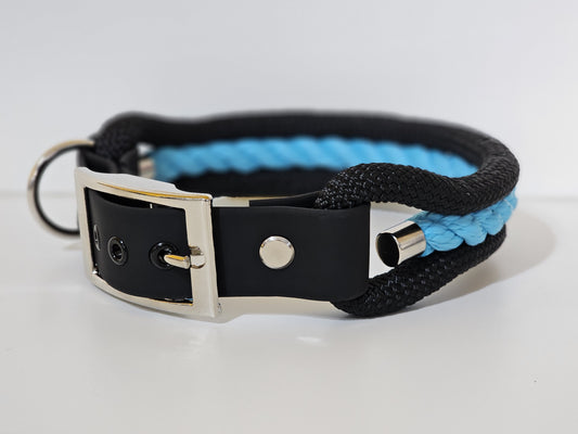 Tau Premium Halsband TRIO - Biothane Verschluss  Stück | 10mm / 25 mm | schwarz / schwarz / hellblau