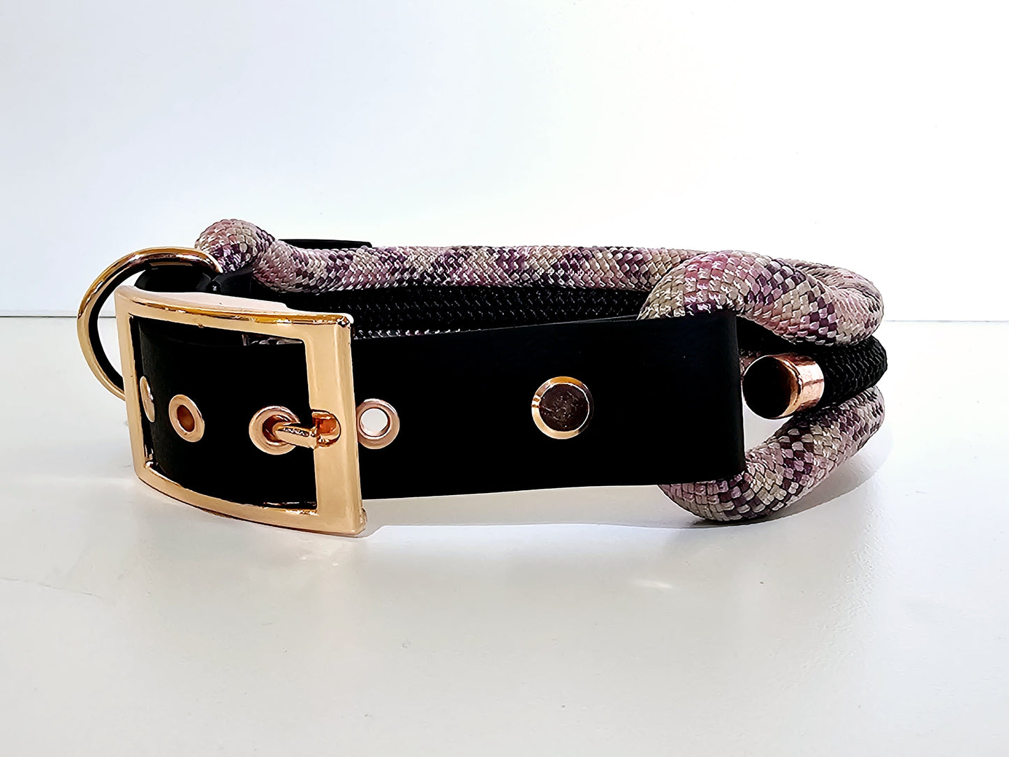 Tau Premium Halsband TRIO - Biothane Verschluss Stück | 10mm / 25 mm | rose gold / schwarz / pink