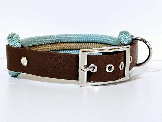 Tau Premium Halsband TRIO - Biothane Verschluss  Stück | 10mm / 25 mm | silber / türkis / bege