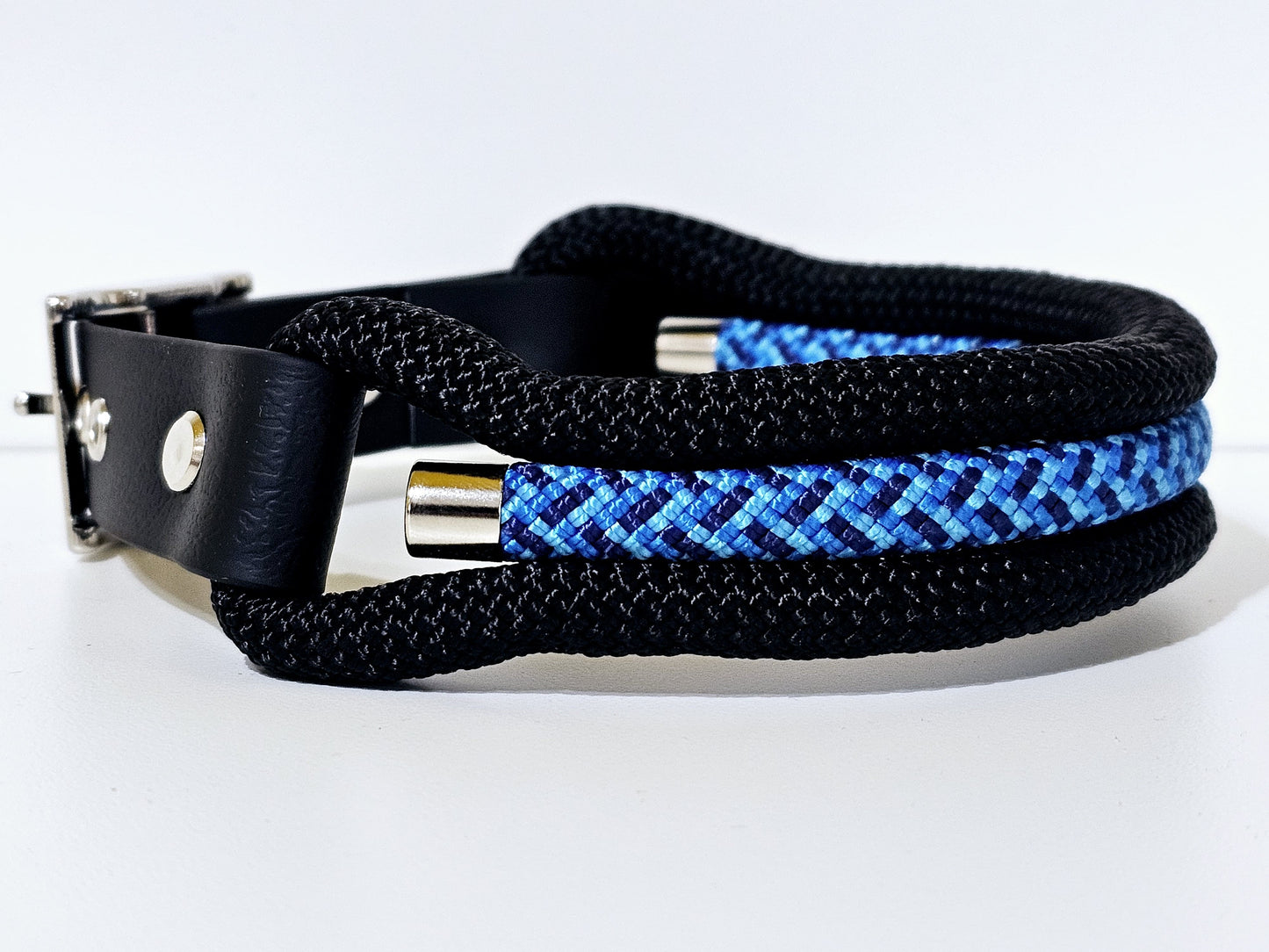 Tau Premium Halsband TRIO - Biothane Verschluss Stück | 10mm / 25 mm | silber / schwarz / gelb