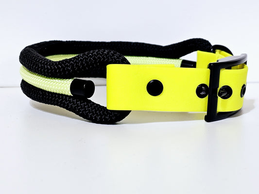 Tau Premium Halsband TRIO - Biothane Verschluss  Stück | 10mm / 25 mm | schwarz / schwarz / gelb