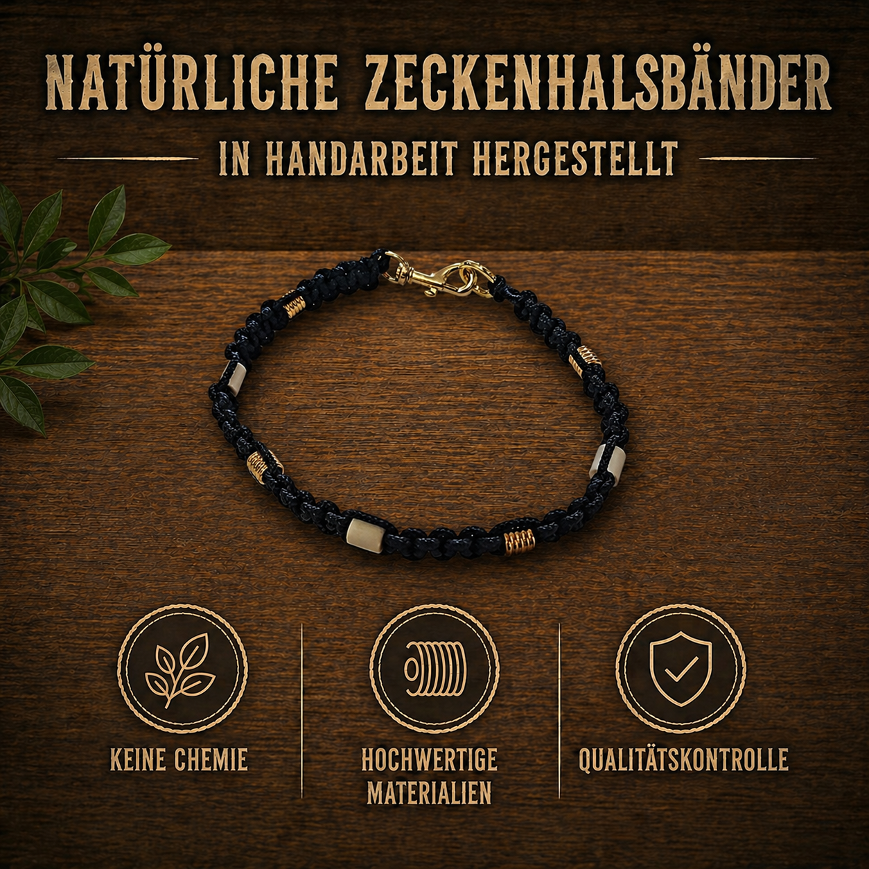 ANTI-ZECKENHALSBAND – Natürlicher Schutz ohne Chemie! schwarz / gold / gerillt