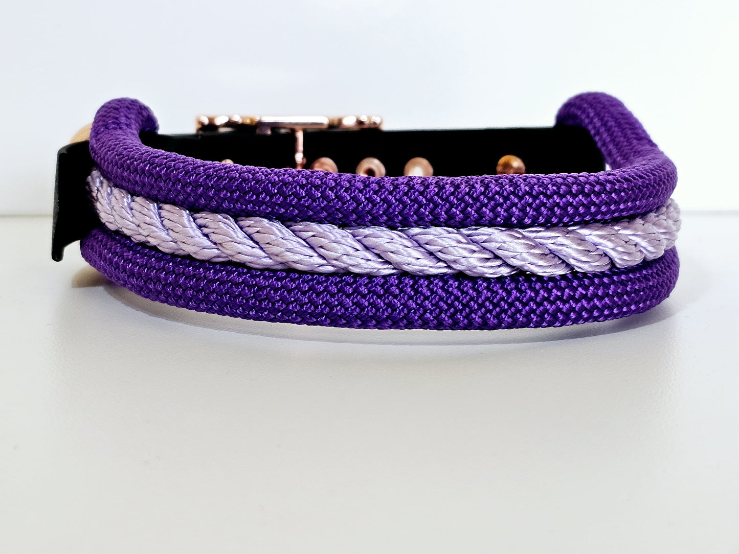 Tau Premium Halsband TRIO - Biothane Verschluss Stück | 10mm / 25 mm | schwarz / lila / rose gold