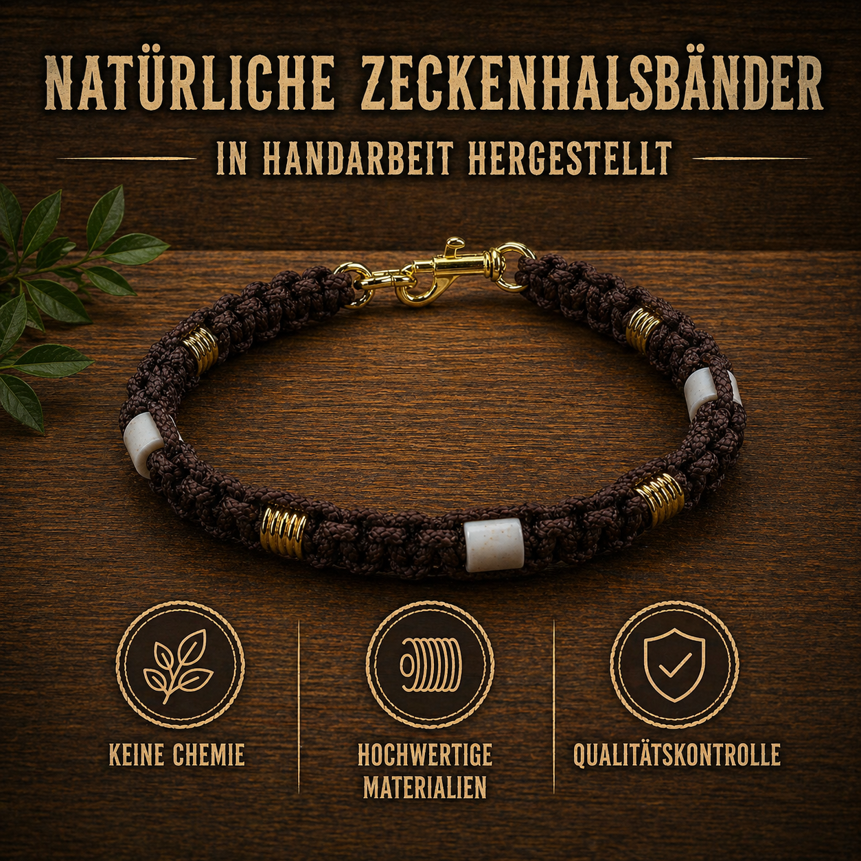 ANTI-ZECKENHALSBAND – Natürlicher Schutz ohne Chemie! braun / gold / gerillt