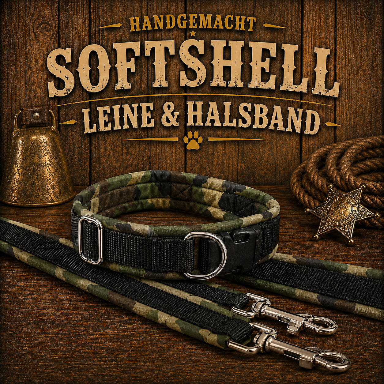 Halsband & Leine in Nylon & Softshell Camouflage green